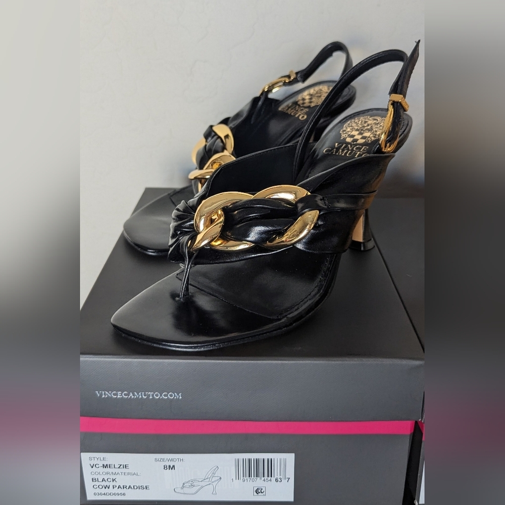 Vince Camuto Black Heels with Gold Chain Accent | Melzie